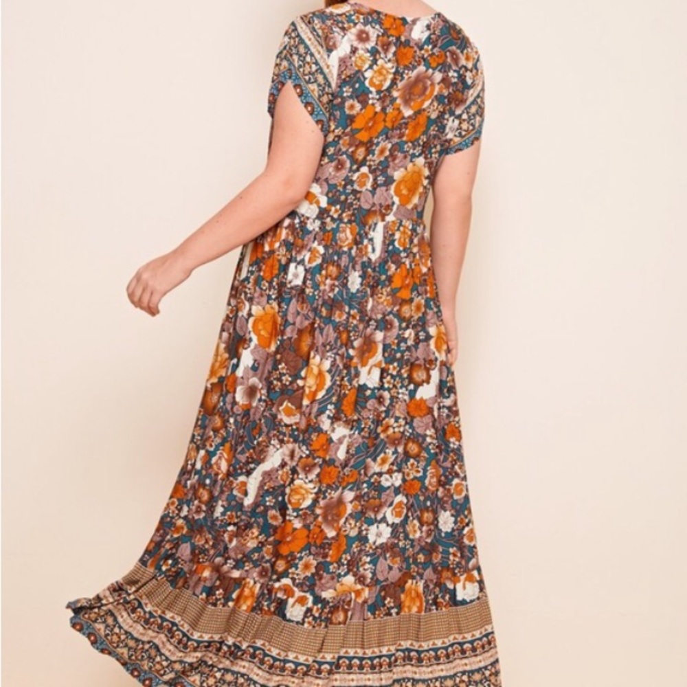 Boho plus size V neck Floral Orange Maxi Dress - Picture 4 of 5